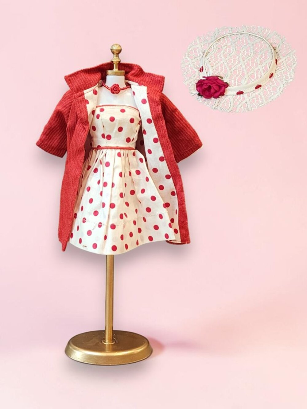 1960's Barbie Premier Togs Red & White Polka Dot Dress w/Matching Coat and Hat